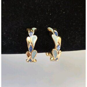 Lydia Mallorca 80s Gold Plated Blue Enamel Droplets Half Hoop 1” Clip-o Earrings